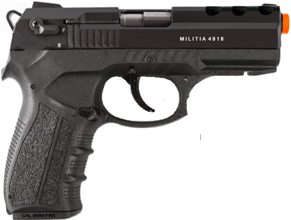 Militia 4918 Semi-Auto 9mm Blank Front Firing Non-Gun Prop Black Pistol