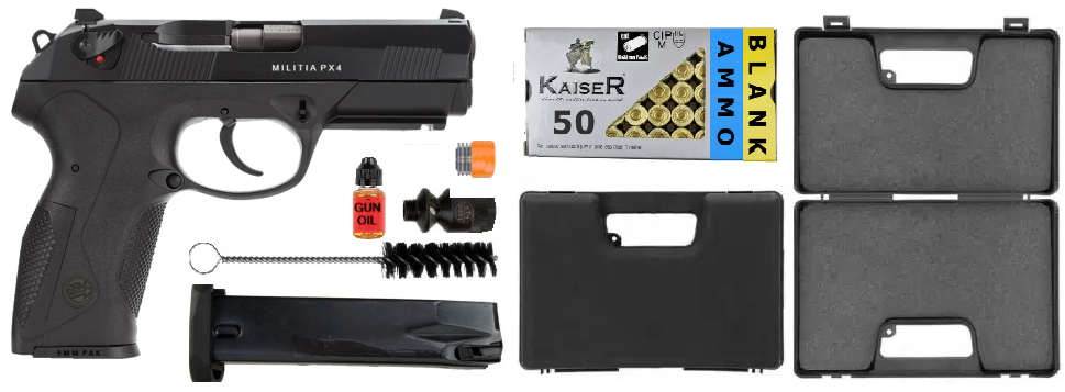 Militia Model PX4 Storm Semi-Auto 9mm Blank Non-Gun Prop Pistol (Black) Package Contents