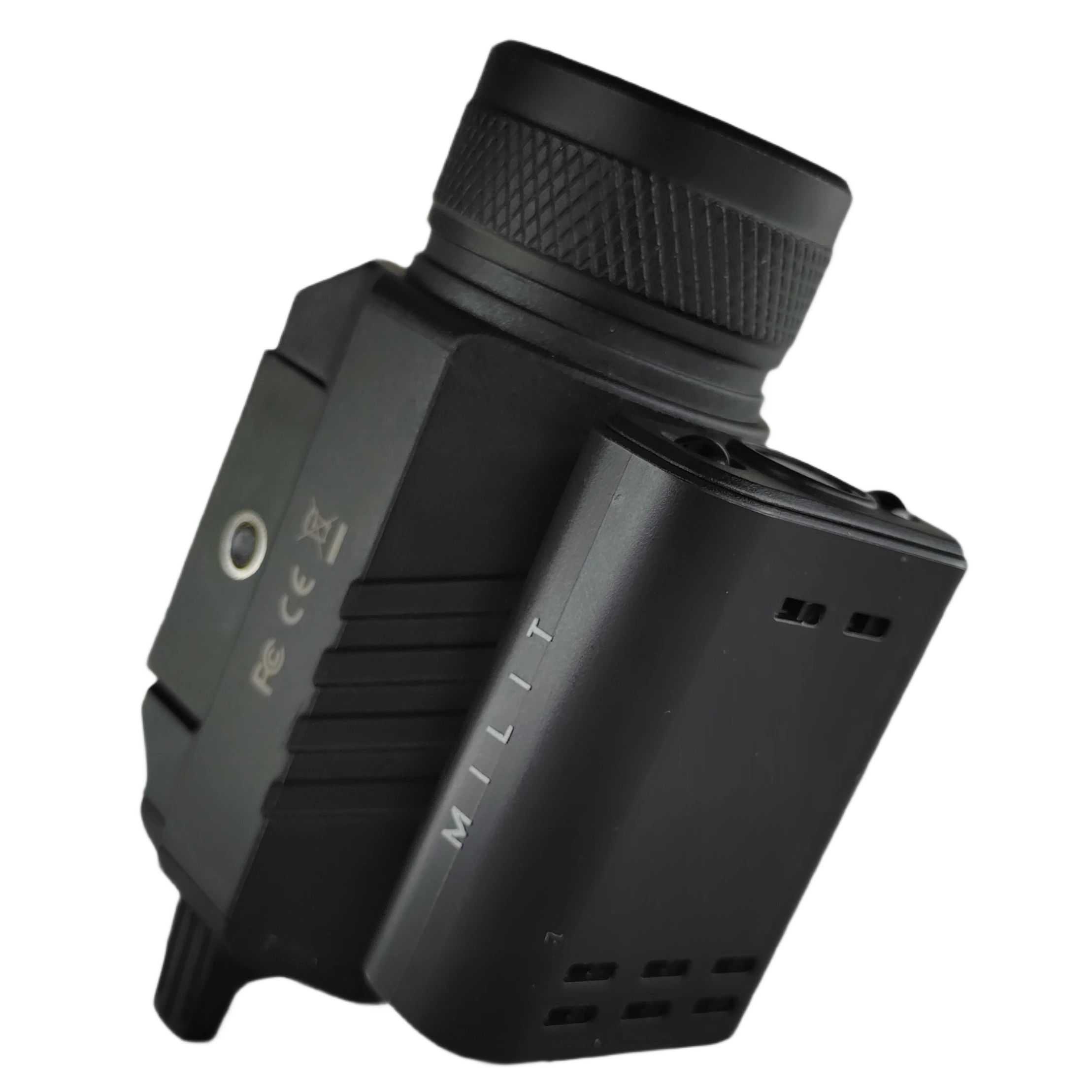 Angled View — Integrated Rail System Angled view of Milit Guardian™ integrated rail-mounted system with camera, flashlight, and laser