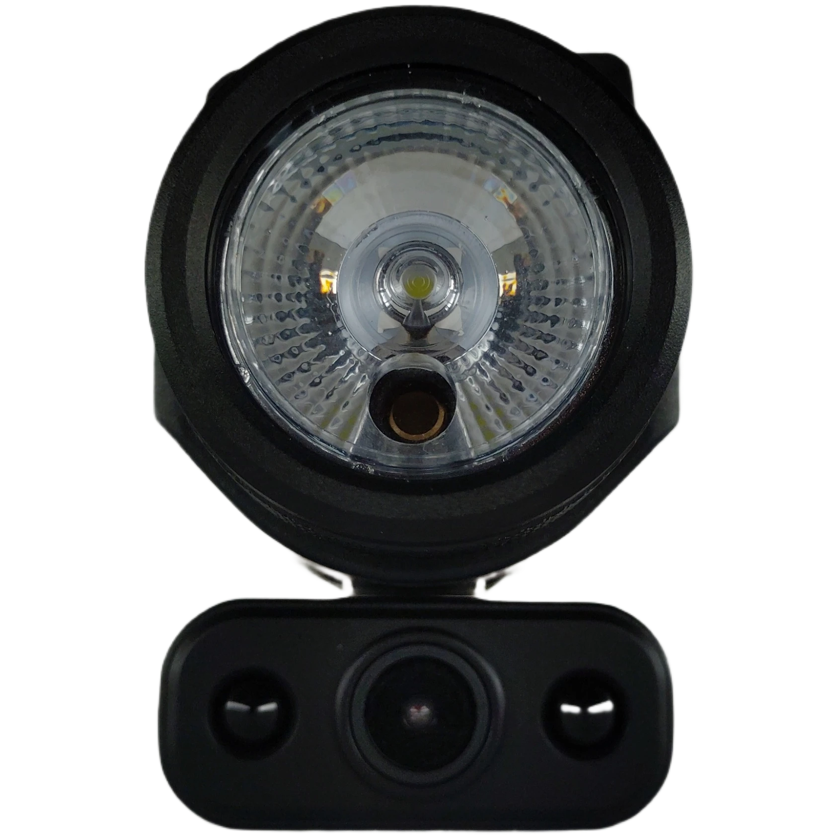 Front View — Camera and LED Flashlight Integration Front view of Milit Guardian™ showing LED flashlight reflector and integrated surveillance camera lens