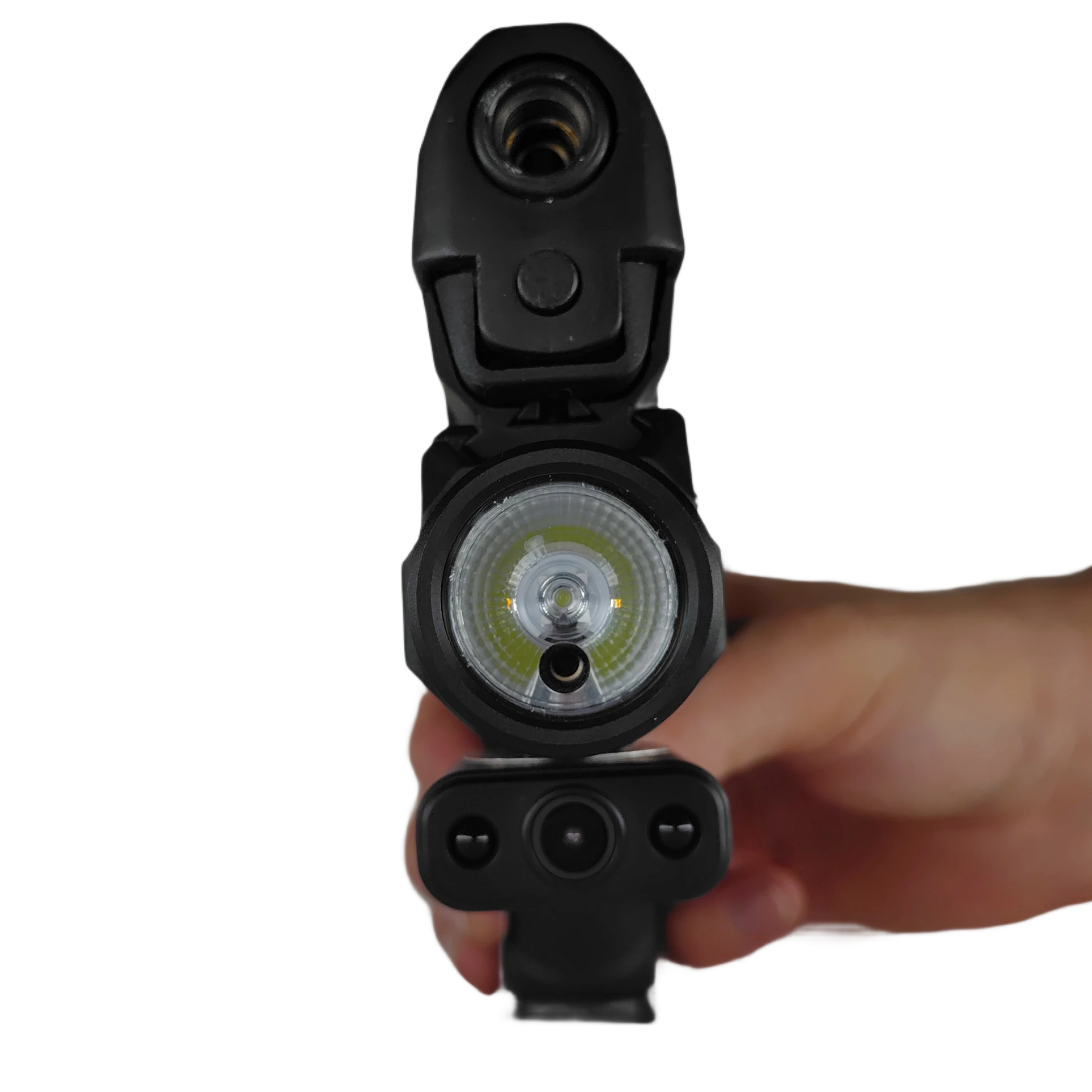 Front Perspective — Milit Guardian™ Camera and Flashlight Front perspective of Milit Guardian™ showing LED flashlight lens and integrated camera module