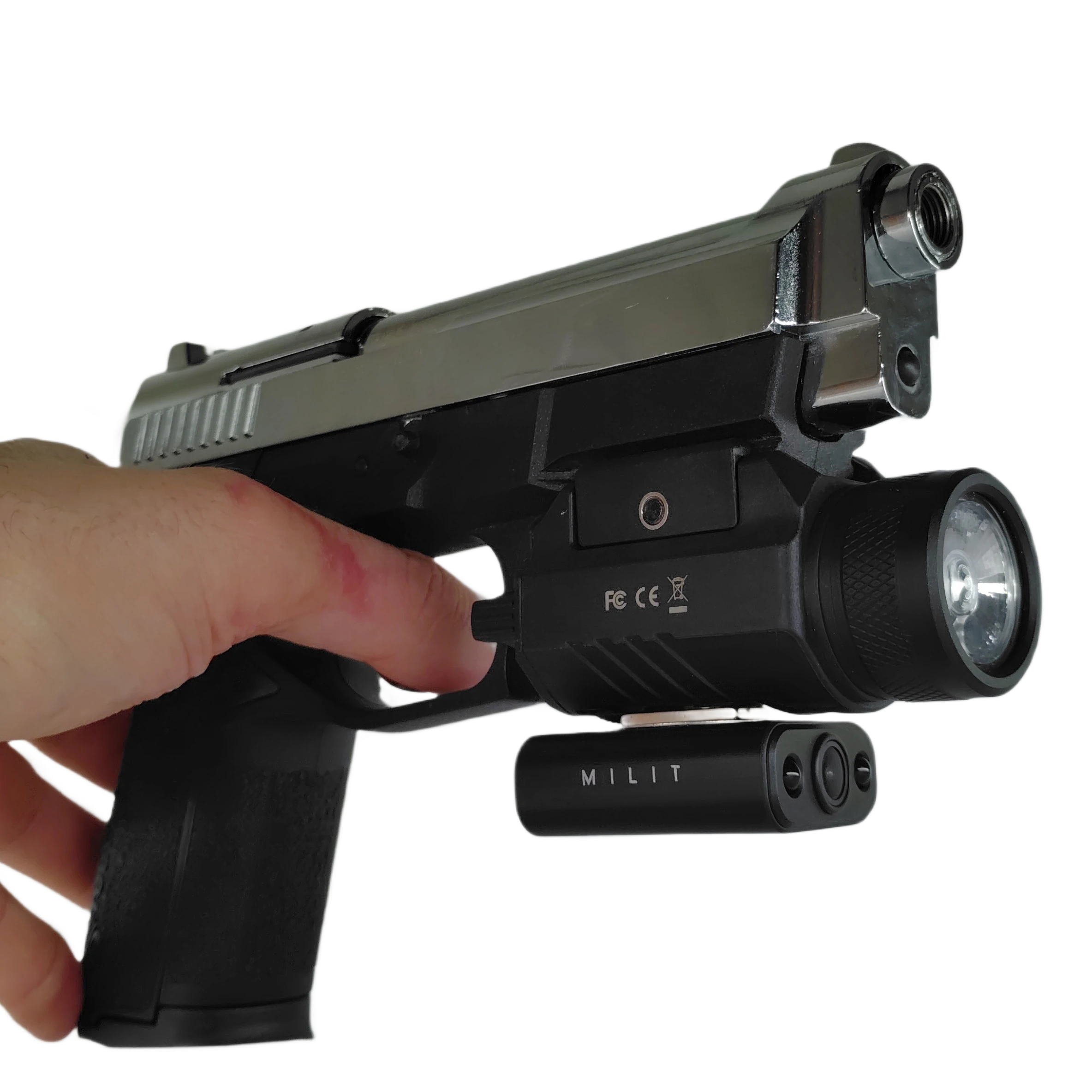 milit-guardian-mounted-on-picatinny-rail-right-view. Right side view of Milit Guardian Picatinny rail surveillance camera with integrated flashlight and laser