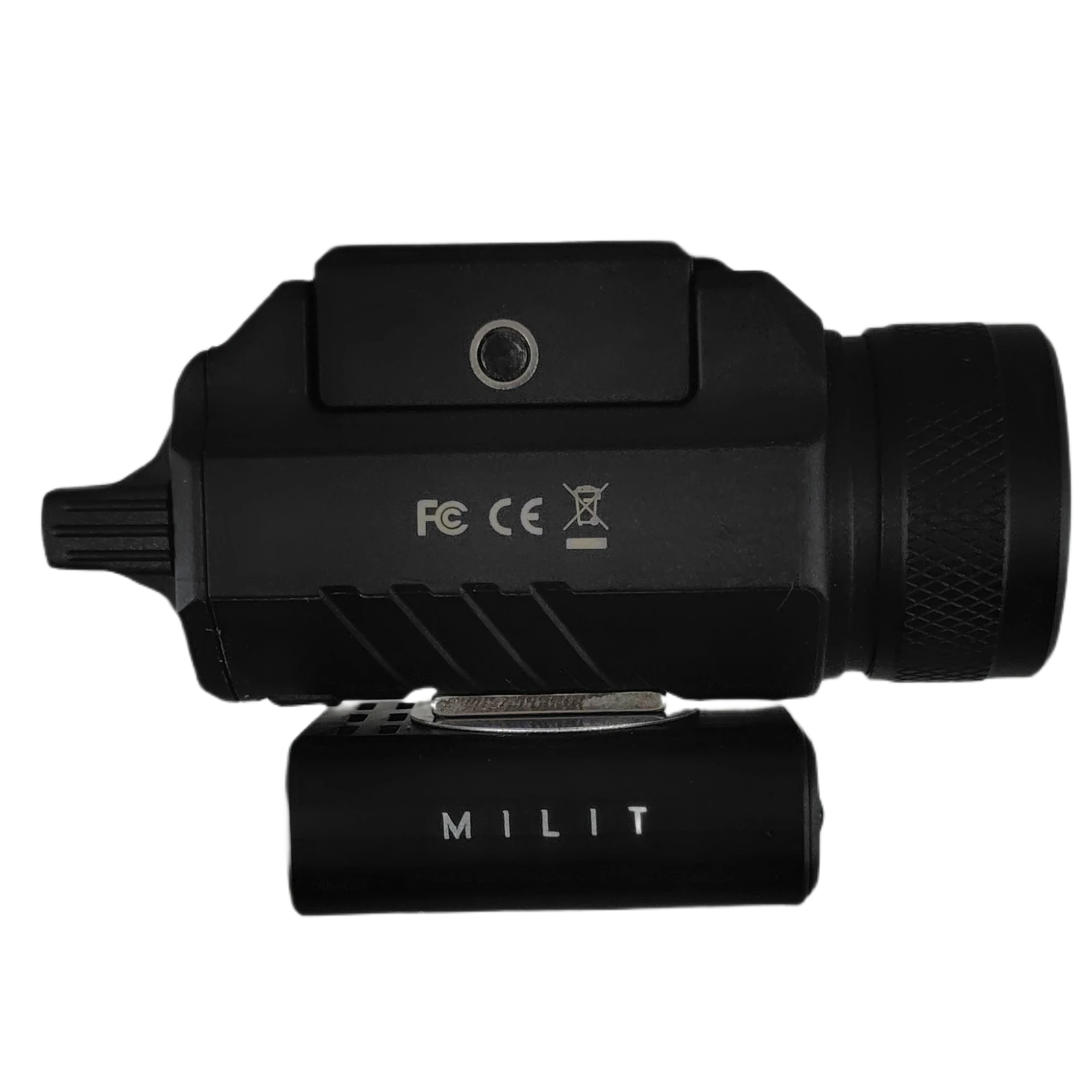 milit-guardian-mounted-rear-perspective Rear perspective of Milit Guardian rail-mounted camera system showing flashlight lens and housing